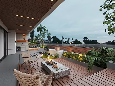 Cozy Villa Balcony With Wooden Deck Fire Pit Wicker Chairs Green Plants And Scenic View 3d model