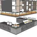 Modern Bar Counter With Stone Top Food Dishes And White Bowls On Shelves