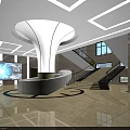 Modern Lobby Reception Desk With White Counter Marble Floor And Circular Ceiling Design