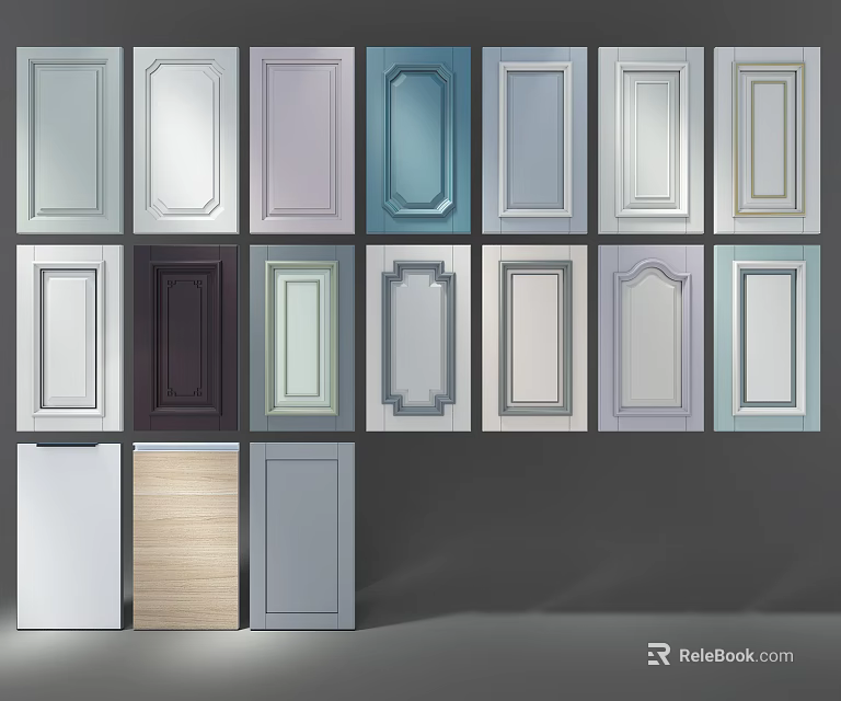 Various Colored Kitchen Cabinet Doors With Different Design Styles 3d model 