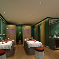 Luxury SPA Sauna Room Interior With Green Walls Wooden Elements Massage Beds And Red Petals