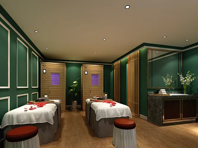 Luxury SPA Sauna Room Interior With Green Walls Wooden Elements Massage Beds And Red Petals 3d model