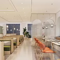 Modern Restaurant Interior With Arched Partitions Pendant Lights Booth Seats And Dining Tables