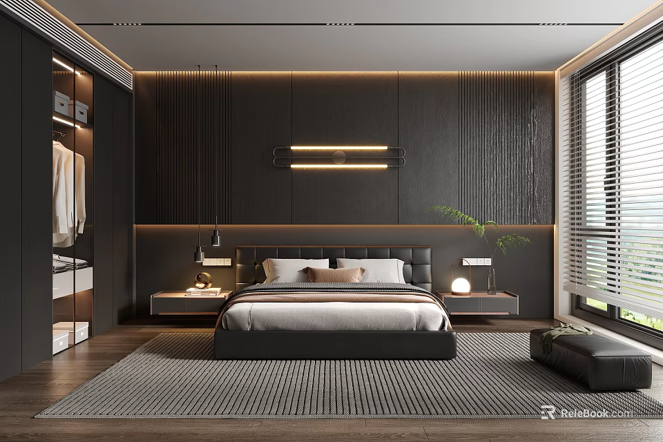 Modern Bedroom Interior Design With Large Bed Nightstands Area Rug And Wall Lighting 3d model 