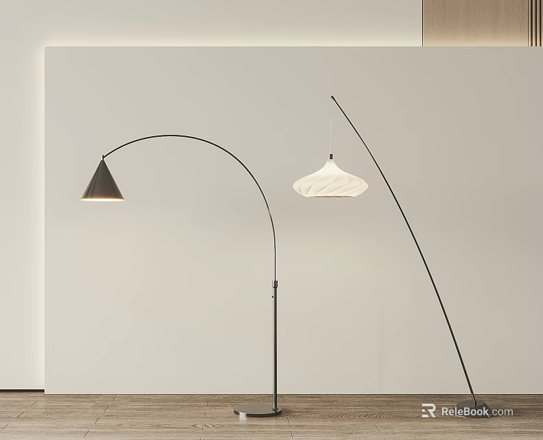Modern Arched Floor Lamps With Conical And Textured White Shades In Minimalist Interior 3d model 