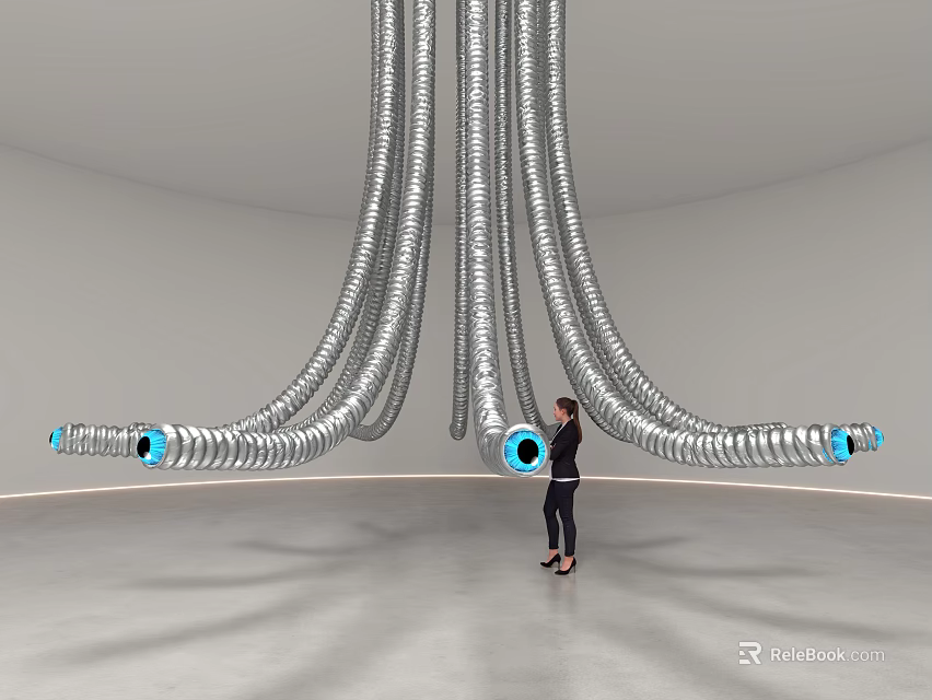 Silver Pipe Like Art Installation With Blue Eye Ends And Person Standing In Indoor Space 3d model 