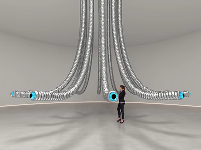 Silver Pipe Like Art Installation With Blue Eye Ends And Person Standing In Indoor Space 3d model