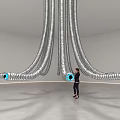 Silver Pipe Like Art Installation With Blue Eye Ends And Person Standing In Indoor Space
