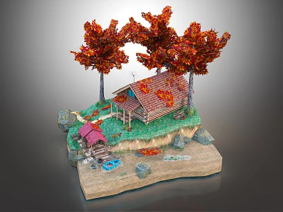 Cartoon Scene With Red Maple Trees Small Cabin Green Grass Blue Stream And Rocks 3d model