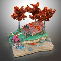 Cartoon Scene With Red Maple Trees Small Cabin Green Grass Blue Stream And Rocks