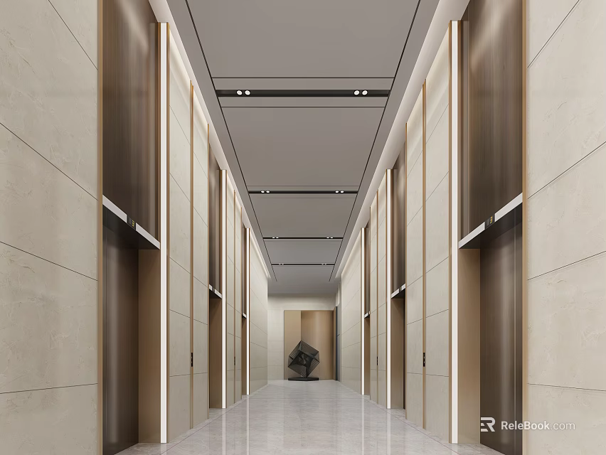 Modern Elevator Hallway Interior Design With Marble Walls And Ceiling Lights 3d model