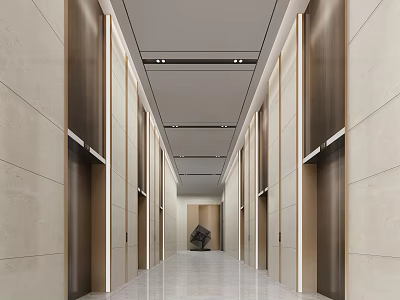 Modern Elevator Hallway Interior Design With Marble Walls And Ceiling Lights 3d model