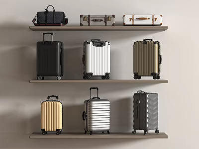 Assorted Suitcases and Bags on Wooden Shelves with Various Colors and Designs 3d model