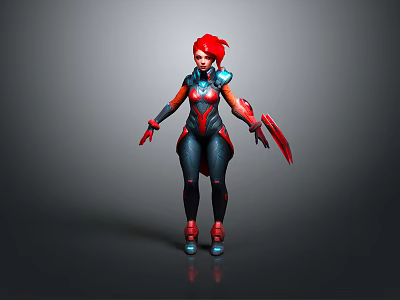 Futuristic Game And Movie Character With Red Hair Blue Red Armor Clawed Hands Standing Pose 3d model