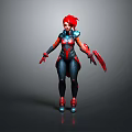 Futuristic Game And Movie Character With Red Hair Blue Red Armor Clawed Hands Standing Pose