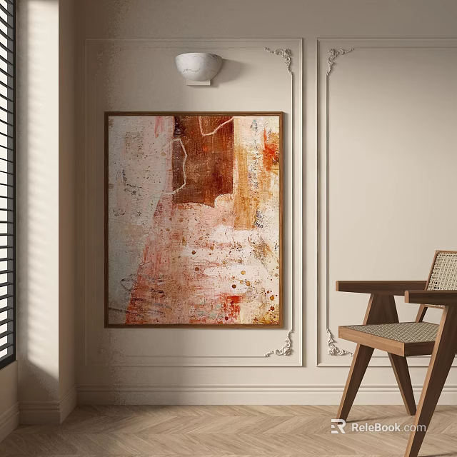 Textured Abstract Painting In Warm Tones On Paneled Wall With Wooden Chair And Window Blinds 3d model 