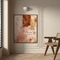Textured Abstract Painting In Warm Tones On Paneled Wall With Wooden Chair And Window Blinds