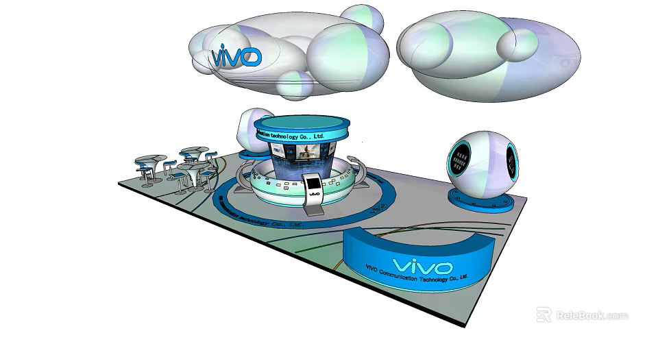 Vivo Exhibition Booth Design With Spherical Decorations And Blue Display Area 3d model 