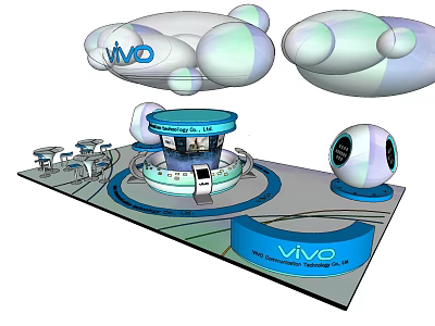 Vivo Exhibition Booth Design With Spherical Decorations And Blue Display Area 3d model