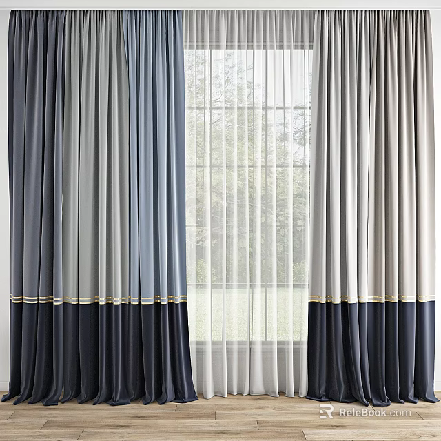 Navy Gray And Beige Curtains With Sheer Middle Panel And Trim Detail 3d model 