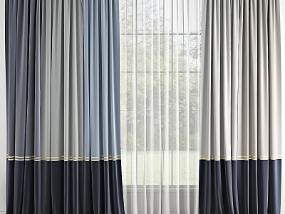 Navy Gray And Beige Curtains With Sheer Middle Panel And Trim Detail 3d model