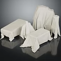 Multiple White Fabric Covered Objects Arranged On Black Reflective Background 3d model