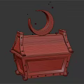Vintage Wooden Chest With Metal Frame Rivets Wheels And Blue Crescent Decoration Floating Particles