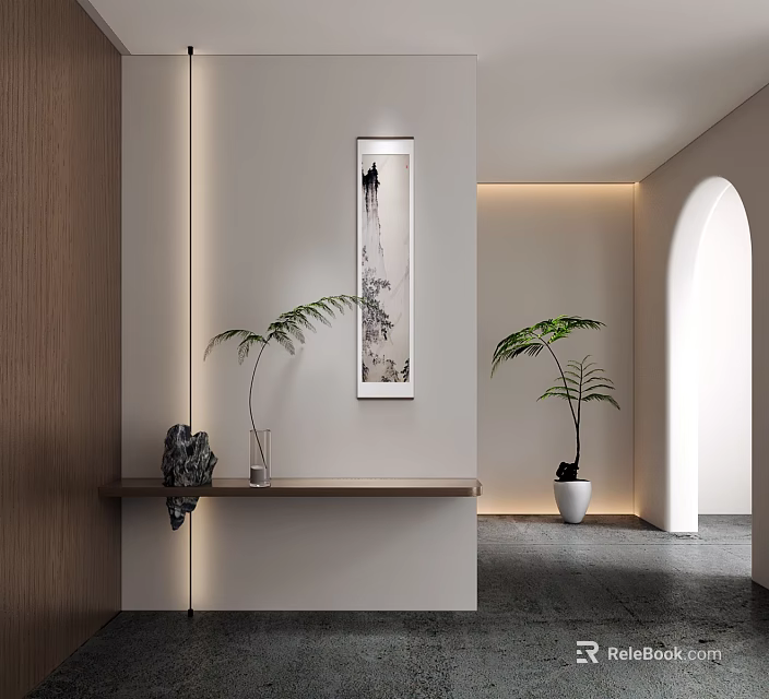 Modern Foyer Hallway With Wooden Shelf Art And Green Plants 3d model 