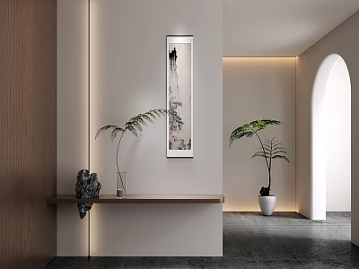 Modern Foyer Hallway With Wooden Shelf Art And Green Plants 3d model