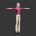 Pink Haired Blue Eyed Character in Pink Shirt Beige Pants Arms Outstretched on Gray Background
