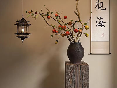 Traditional Chinese Decorative Ornament Set With Hanging Lantern Vase Calligraphy Scroll And Wooden Stand 3d model