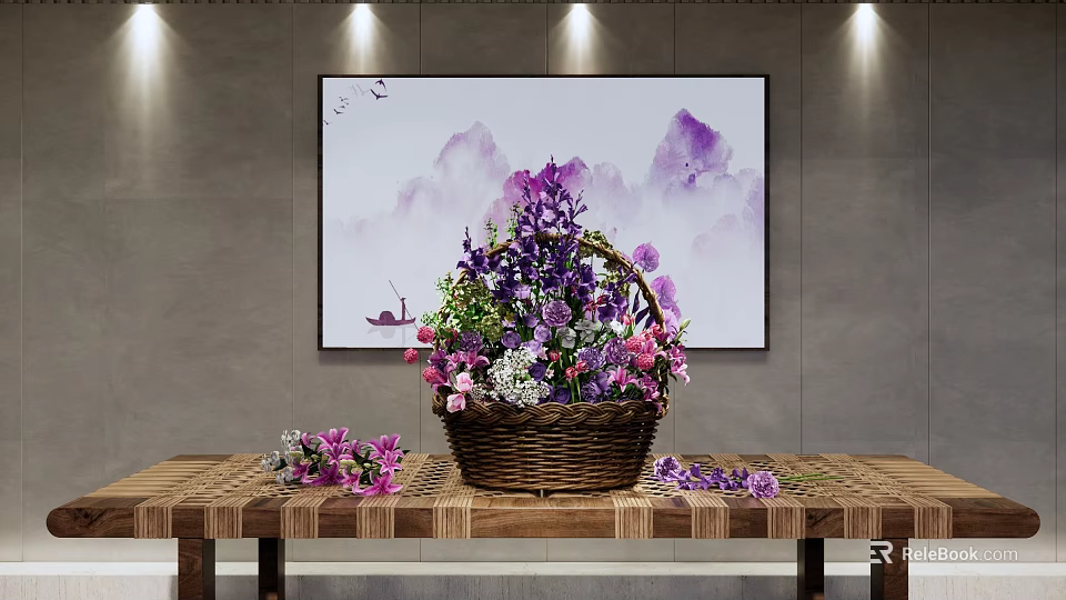Basket with Purple and Pink Flowers on Wooden Table Painting Purple Mountains Flying Birds 3d model 