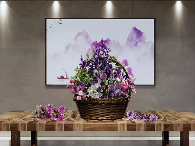 Basket with Purple and Pink Flowers on Wooden Table Painting Purple Mountains Flying Birds 3d model