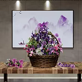 Basket with Purple and Pink Flowers on Wooden Table Painting Purple Mountains Flying Birds
