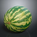 Fresh Round Watermelon With Green And Yellow Striped Rind On Black Background