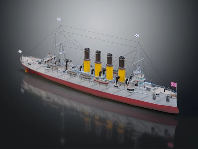 Vintage Warship With Three Yellow Funnels Red Hull Bottom And Classic Mast Design 3d model