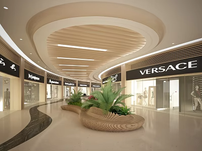 Modern Shopping Mall Lobby With Luxury Brand Storefronts Green Plants And Modern Lighting Design 3d model