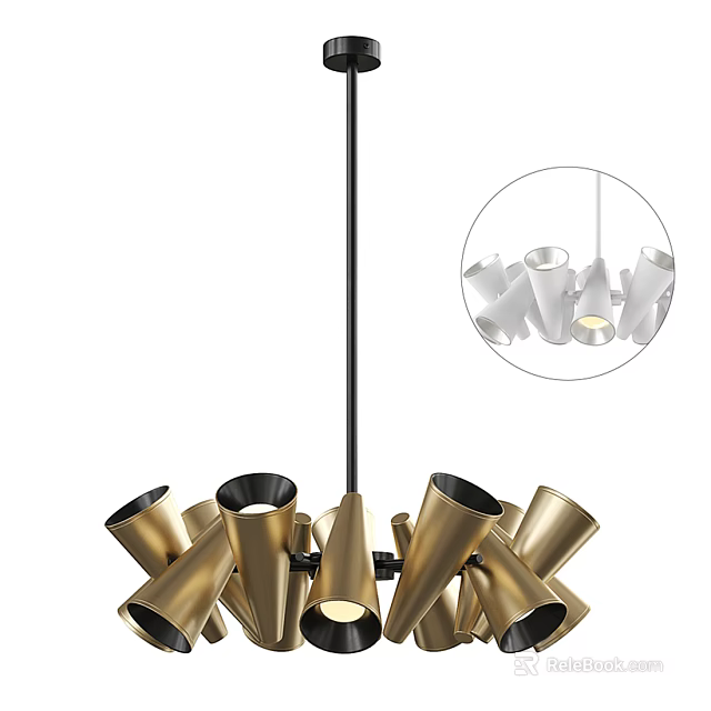 Elegant Modern Golden Chandelier With Multiple Cone Shaped Shades And Black Accents 3d model 