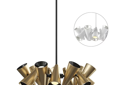 Elegant Modern Golden Chandelier With Multiple Cone Shaped Shades And Black Accents 3d model