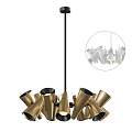 Elegant Modern Golden Chandelier With Multiple Cone Shaped Shades And Black Accents