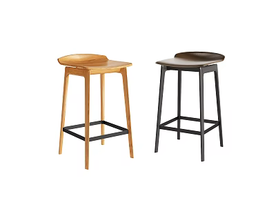 Sleek Modern Bar Stools With Wooden Seat And Black Metal Frame 3d model