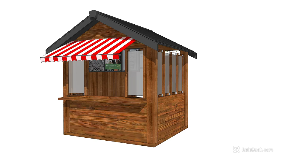 Wooden Kiosk With Red And White Striped Awning And Glass Windows 3d model 
