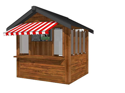 Wooden Kiosk With Red And White Striped Awning And Glass Windows 3d model