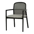 Modern Dining Chair With Black Frame Armrests Woven Backrest And Gray Padded Seat