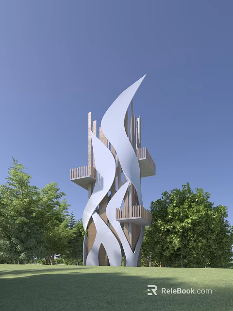 Modern Tower With White Curved Structure Wooden Elements And Balconies Surrounded By Green Trees 3d model 
