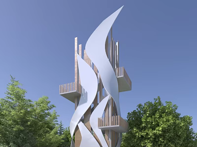 Modern Tower With White Curved Structure Wooden Elements And Balconies Surrounded By Green Trees 3d model