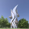Modern Tower With White Curved Structure Wooden Elements And Balconies Surrounded By Green Trees