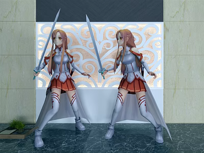Game Movie Female Characters in Silver Armor Red Skirts Holding Long Swords Against Ornate Background 3d model
