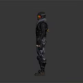 Game Movie Character In Armored Suit With Orange Visor And Tactical Gear