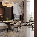 Elegant Modern Dining and Living Room Interior With Wooden Cabinets Pendant Light And Sofa
